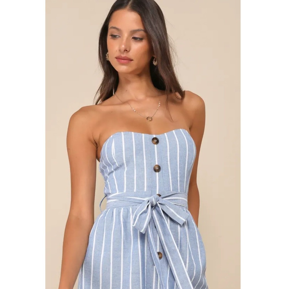 Lulus Sunny Day Classic Blue White Striped Strapless Jumpsuit Linen Blend Small - Picture 3 of 9